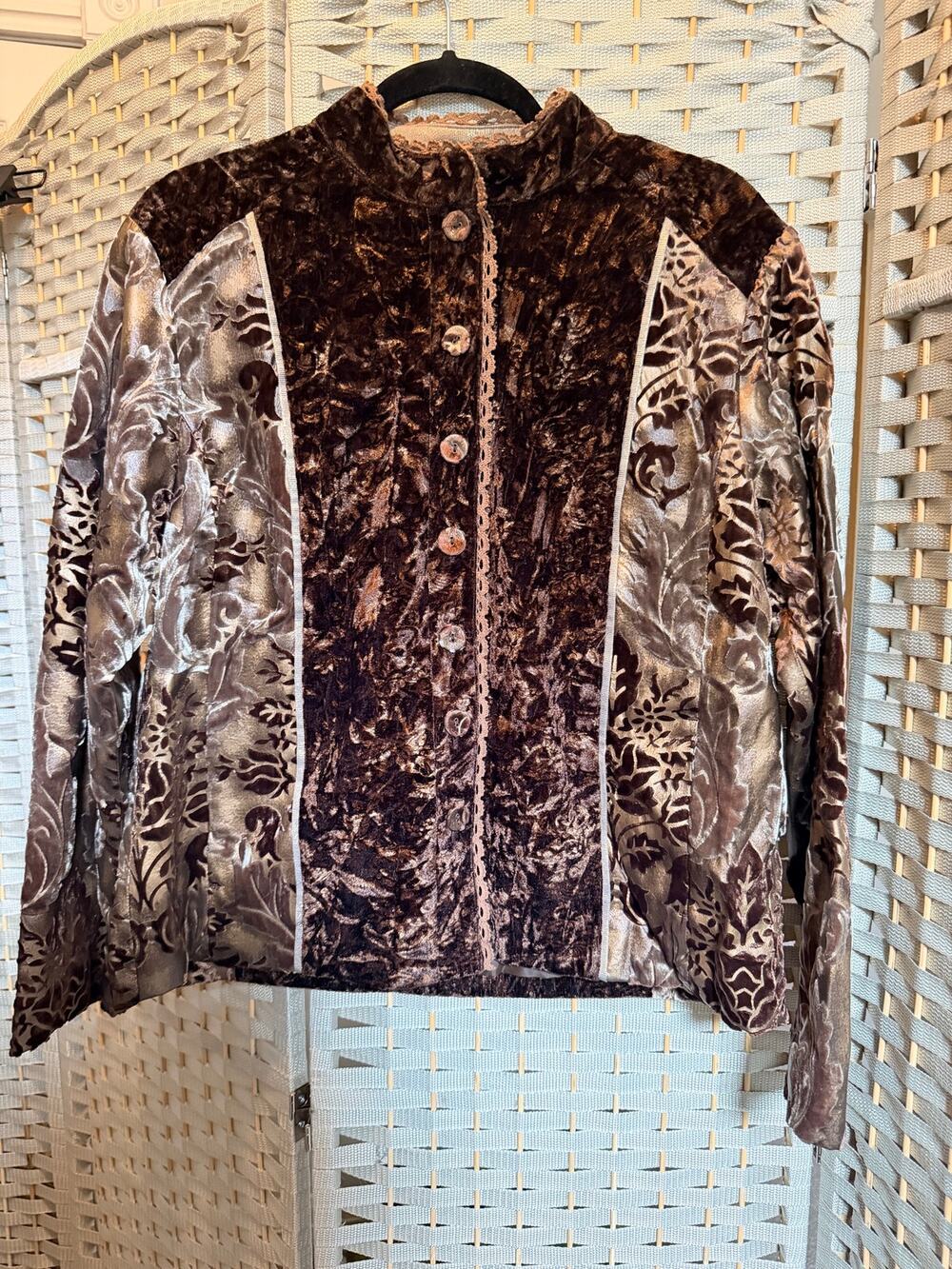 Vintage Chico's Patchwork Crushed Velvet Burnout Jacket Multicolor Size 2